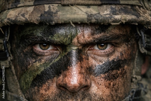 A close-up shot of a person wearing a camouflage uniform, suitable for military or outdoor-themed projects