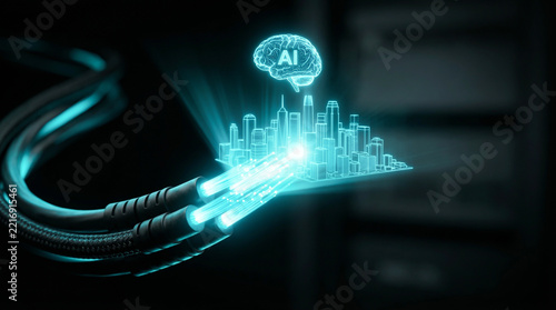 Fiber optic cables transmitting data to glowing AI brain and city hologram