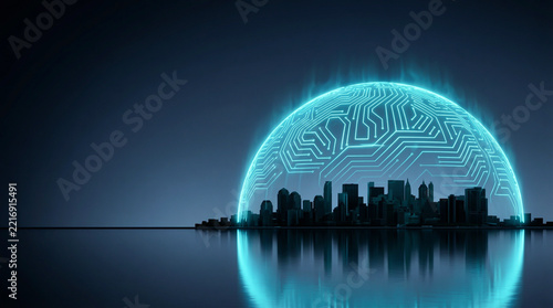 Dark futuristic city reflected in water under glowing digital AI dome