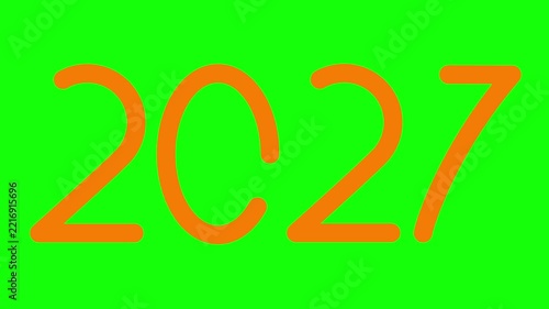 Animated orange symbol of numbers 2027 year. Icon is drawn. Looped video. Vector illustration isolated on green background. 
