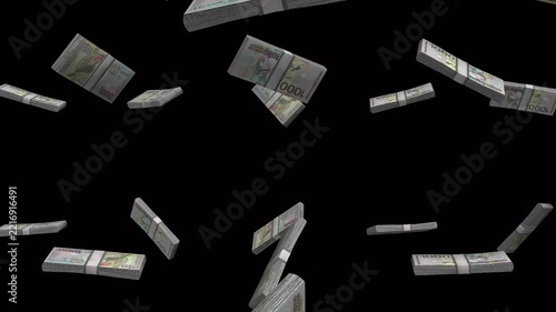 Suriname Money, Surinamese Dollar Banknotes Falling On Black Background, SRD Currency Stacks Dark Cinematic, 4K