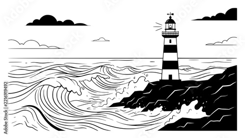 Lighthouse beside ocean waves set with simple line art design featuring outline, illustration, graphic elements with clean design and vector art
