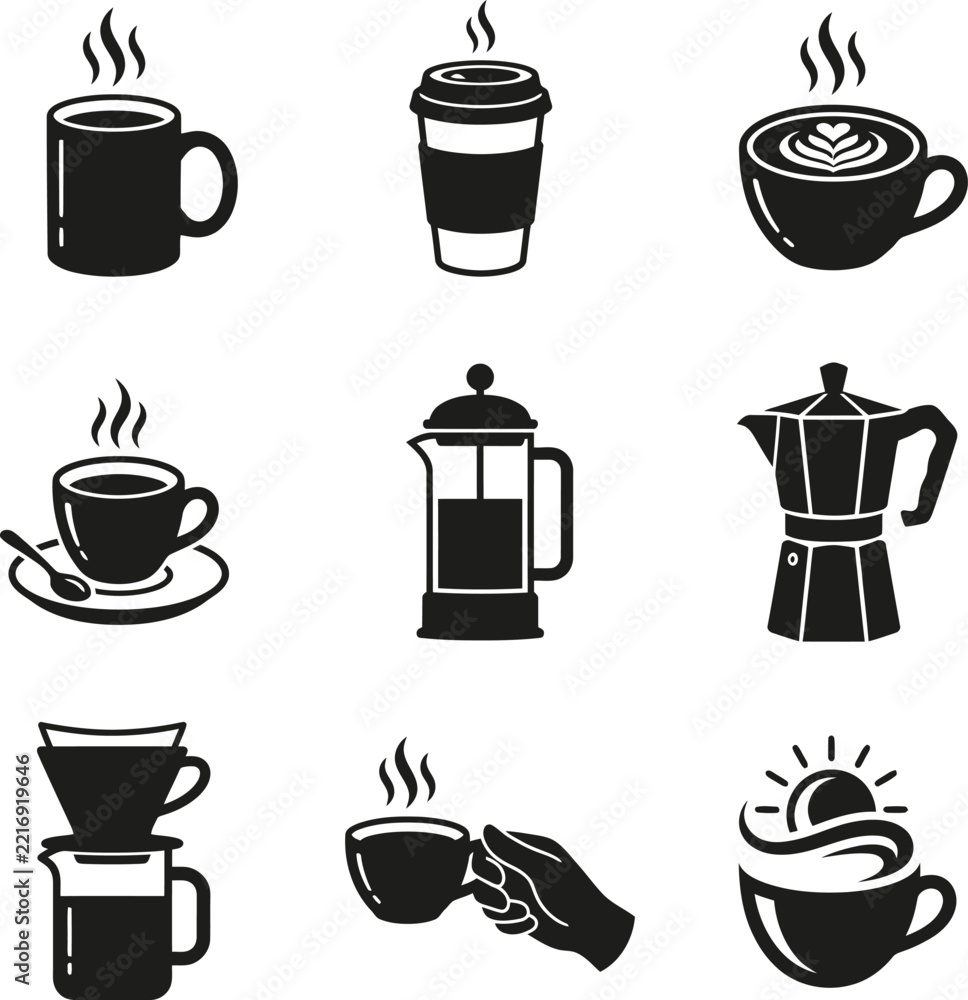 Fototapeta premium Collection of black and white coffee icons and brewing methods