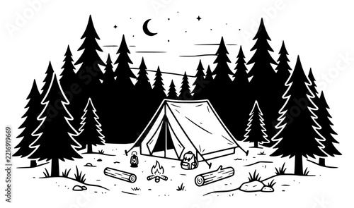 Camping tent among pine trees set with simple line art design featuring outline, illustration, graphic elements with clean design and vector art