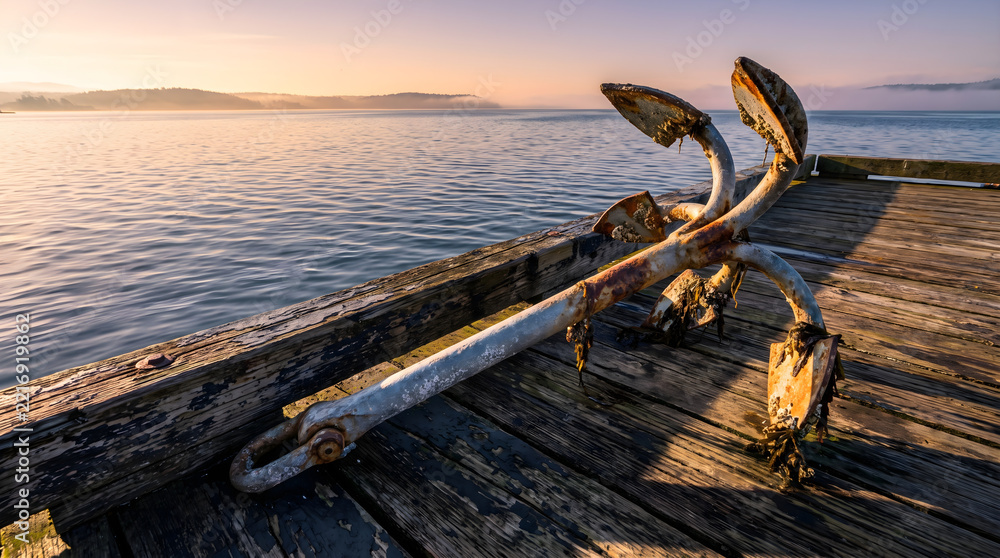 Fototapeta premium A rusty vintage anchor rests on a weathered wooden pier by a serene lake during a peaceful sunrise morning