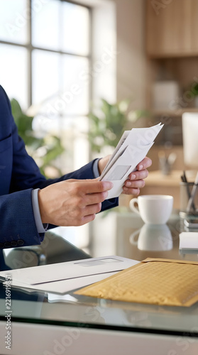 Businessman sitting at office desk holding and opening mail envelopes and official correspondence documents