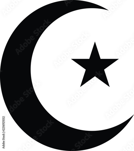 Black Islamic crescent moon and star symbol representing Muslim faith and Ramadan