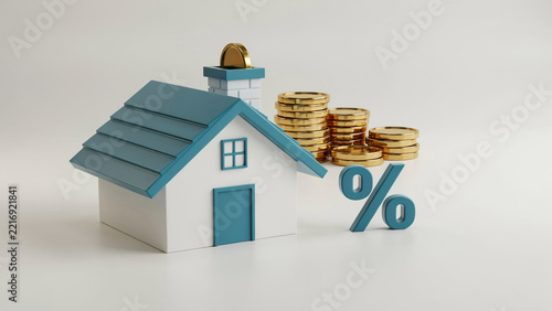Real Estate Mortgage Concept with House, Coins, and Percentage Symbol for Home Financing