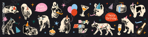 Funky birthday collage pack with halftone dogs wearing party hats, cake, balloons, champagne, party horns, doodles and greetings. Retro scrapbook paper stickers on black background Vector illustration