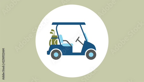 Blue electric golf cart with a bag of golf clubs on a white circle over green background representing golf sport vector.