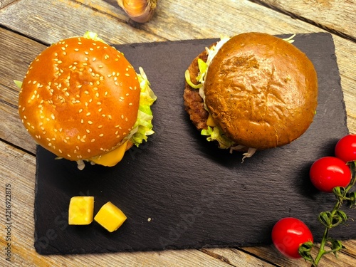Two delicious, tasty homemade burgers made from minced beef on a wooden table.