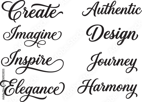 Calligraphy set displays motivational words in a decorative style.