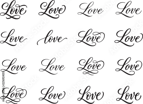 Handwriting displaying the word love in various script styles.