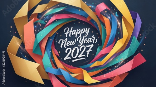 Vibrant Colorful 3D Origami Ribbon Swirl Design for Happy New Year 2027