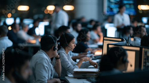 A wide overhead view of a busy emergency response call center with rows of headset-wearing operators managing simultaneous crisis calls, monitors glowing, clipboards stacked,