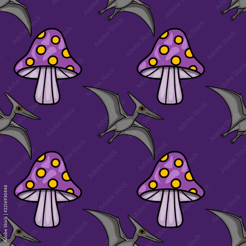 Obraz premium Seamless vector pattern with cute cartoon pterodactyl dinosaurs and purple spotted mushrooms on dark background