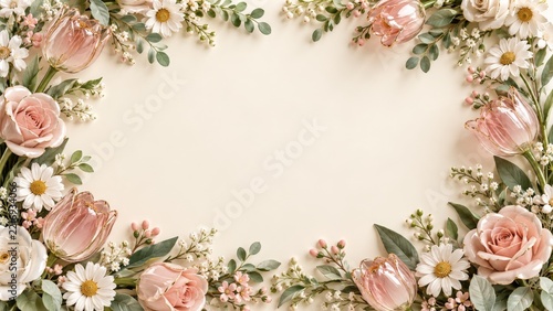 Porcelain roses and glass tulips framing an ivory center with central copy space
