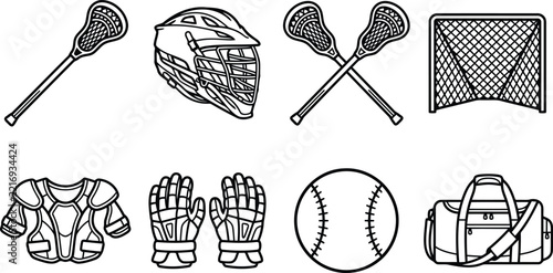 Set of lacrosse equipment icons including helmet, sticks, goal, gloves, shoulder pads, ball, and sports bag