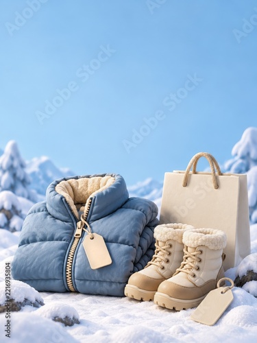 Soft Blue Puffer Jacket and Cream Boots in a Sculptural Winter Display
