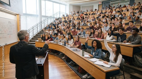 Commercial stock photo of diverse college students raising their hands to answer a question during an interactive university lecture hall class.