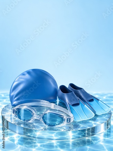 Translucent Goggles Blue Cap and Fins on Glass Pedestal with Upper Space