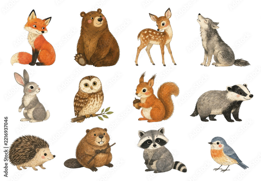 Fototapeta premium PNG woodland animal illustrations--fox, bear, deer, wolf and more on a transparent background.