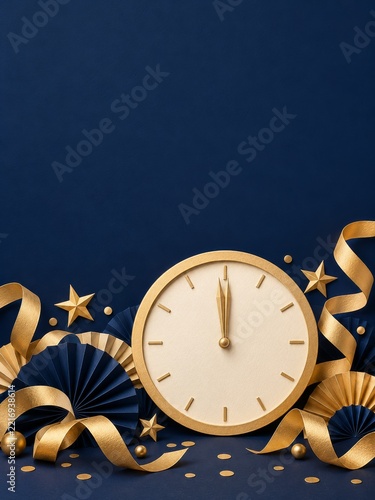 Folded Paper Countdown Clock with Gold Streamers Against Midnight Navy
