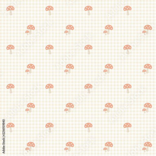 Mushroom Gingham Seamless Pattern on Cream Gingham Background