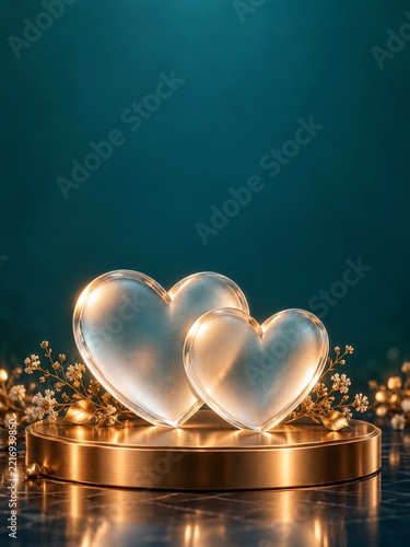 Frosted Glass Hearts on a Gold Podium with Metallic Branches