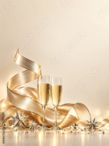 Champagne Ribbon Spiral with Crystal Flutes and Silver Stars Against Ivory