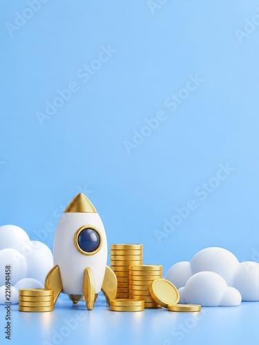 White and Gold Rocket with Coin Stacks Among Rounded Clouds on Blue