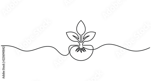 Seedling line art, growing plant sprout with roots editable stroke continuous line vector illustration.