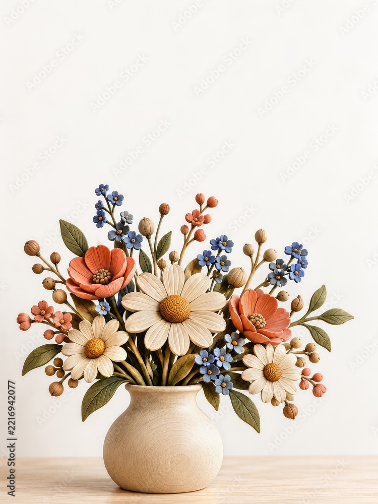 Fototapeta premium Carved wooden meadow flowers in a round pale wood vase with copy space