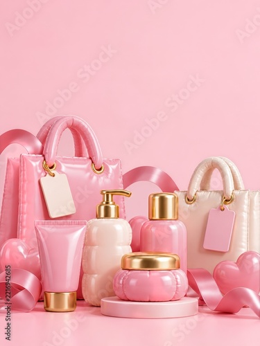 Inflatable Pink Cosmetics and Puffy Shopping Bags with Ribbons and Hearts