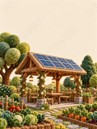 Textured Yarn Garden Pavilion with Solar Roof Lanterns and Vegetable Beds