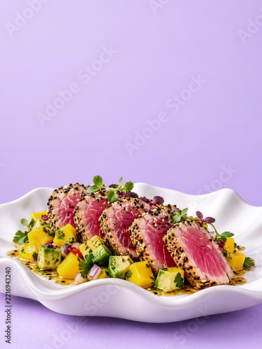 Sesame crusted tuna with mango avocado salsa on a sculptural white plate