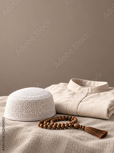 White crochet prayer cap and cream robe with beads on linen with copy space