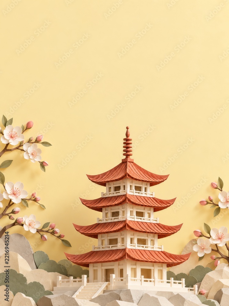 Obraz premium Folded paper pagoda with coral roofs and cherry blossoms against warm yellow