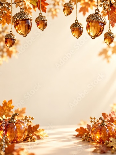Hanging amber glass acorns with pumpkins in the corners for a Thanksgiving ba...