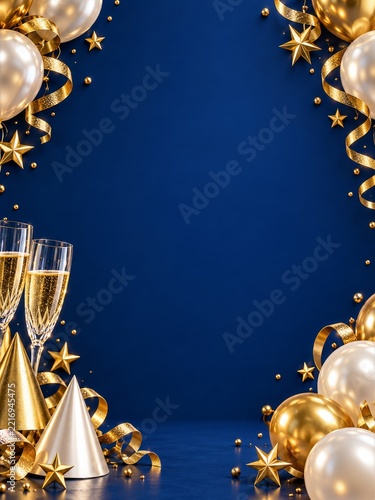 Party Cone Hats, Pearl Balloons and Crystal Flutes Framing a Blue Background