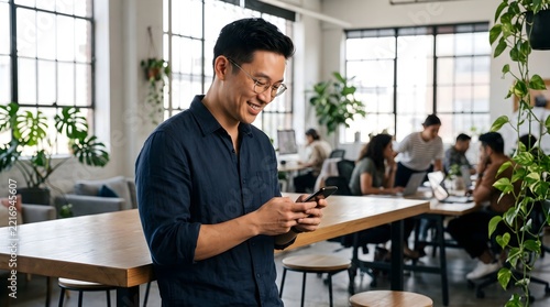 Happy Young Asian Creative Professional Checking Smartphone in Modern Co-working Office Space