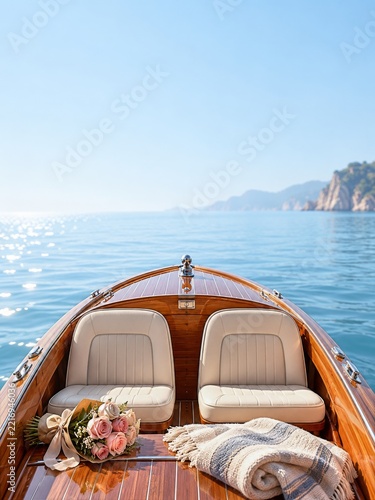 Wooden Boat with Cream Seats Roses and a Folded Blanket on an Elegant Celebra...