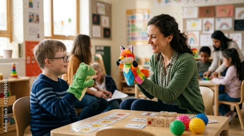 Young boy and teacher playing with vibrant hand puppets during therapy