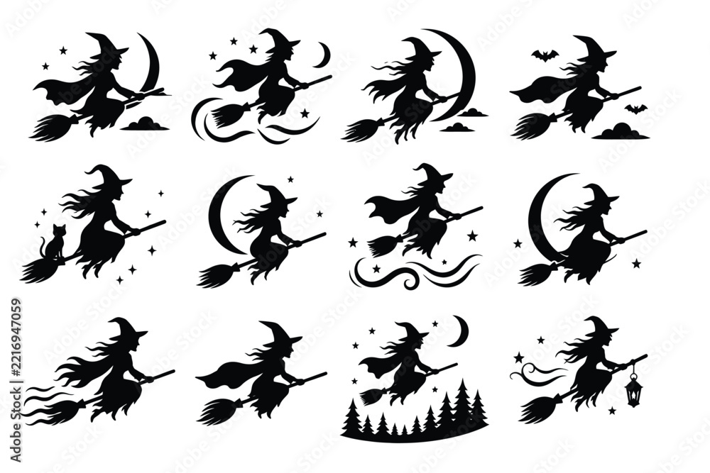 Fototapeta premium A collection of silhouetted witches flying on broomsticks under a crescent moon