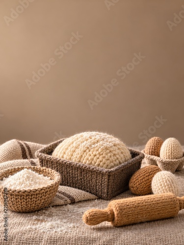 Knitted Bread Dough in a Brown Loaf Tin with Eggs and a Rolling Pin