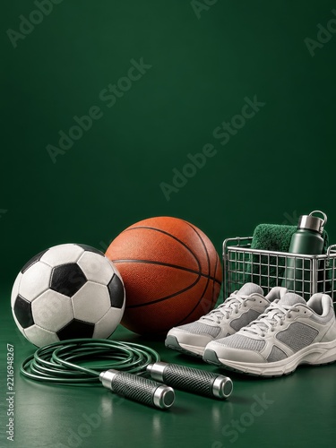 Sports Balls and White Sneakers against a Spacious Dark Green Wall
