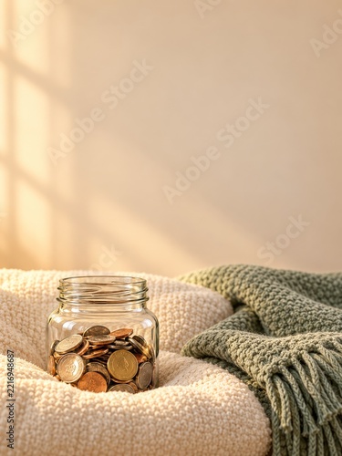 Glass Coin Jar on Cream and Sage Knitted Blankets in Warm Window Light