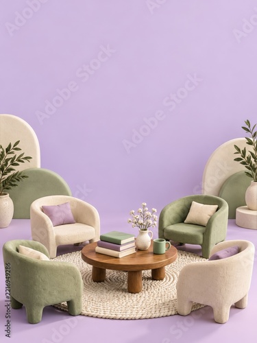 Circle of Empty Clay Chairs Around Books on a Table Against Pale Lilac