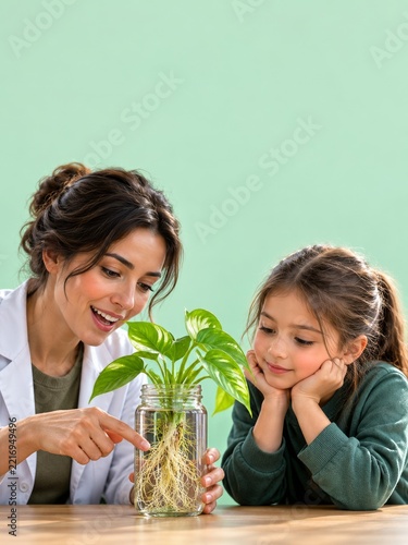 Realistic Biology Teacher Showing a Child Plant Roots in a Glass Jar