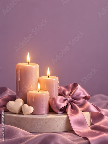 Glowing Pink Candles with Cream Hearts and a Mauve Satin Bow